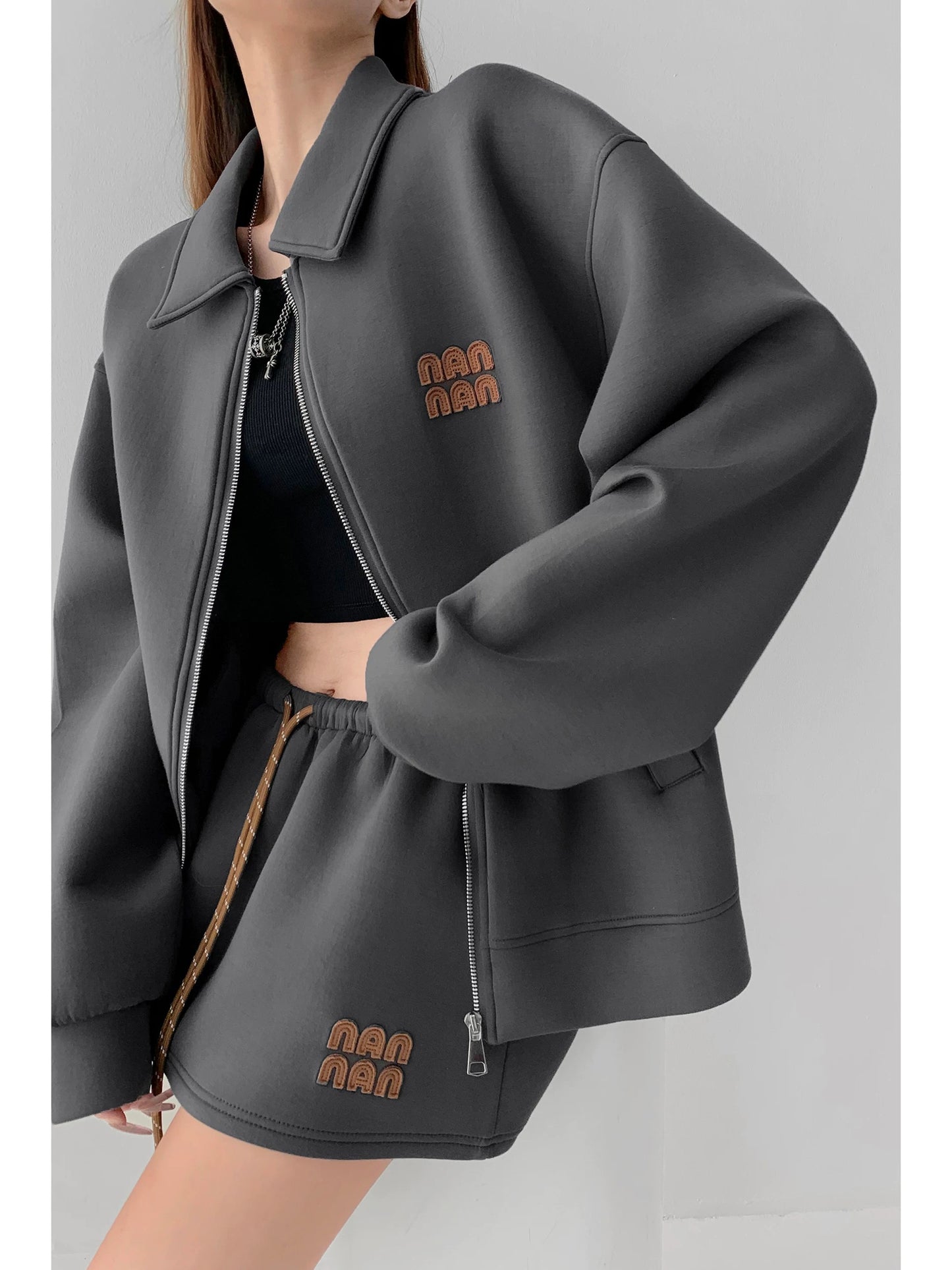 Unlimited repurchase! American loose air layer embroidery lapel sports sweatshirt women's drawstring high waist skirt suit