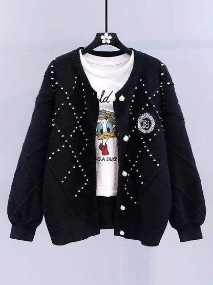 Heavy beading design sweater jacket for women autumn and winter 2023 new loose lazy style mid-length knitted cardigan