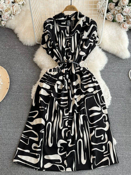 Bohemian seaside holiday beach dress gentle style short-sleeved V-neck waist medium-length A-line plaid dress