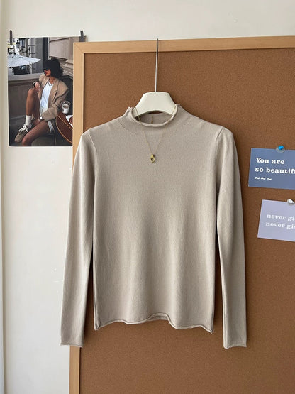 Retro soft and sticky cashmere rolled-edge turtleneck knit sweater for women, autumn and winter, gentle and versatile layering base layer top.