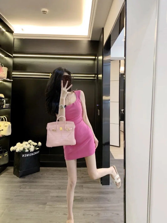 Leathercat suspender dress female 2023 summer new French sweet temperament slim bag hip skirt