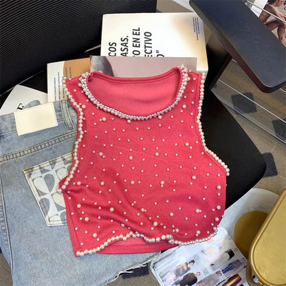 Sweet and spicy style knitted camisole female 2023 summer French celebrity beaded sleeveless T-shirt short top outerwear
