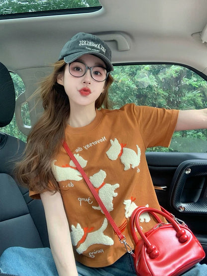 American style puppy straight shoulder short-sleeved T-shirt for women 2025 new summer trendy brand retro design niche short top