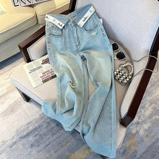 Designed Korean style cuffed jeans for women summer new high-waisted loose straight pants retro ins slim trousers