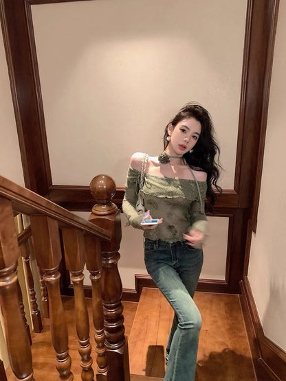 Qiu Rouyao's new autumn lace appliqué top design niche sweet one-line collar butterfly knitted sweater for women (B1913)