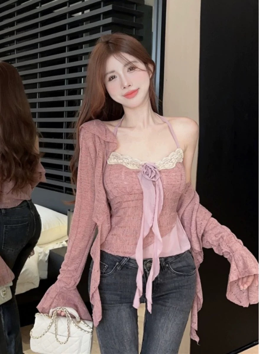 Early autumn hot girl two-piece three-dimensional rose top hollow slimming camisole female lapel trumpet long-sleeved cardigan