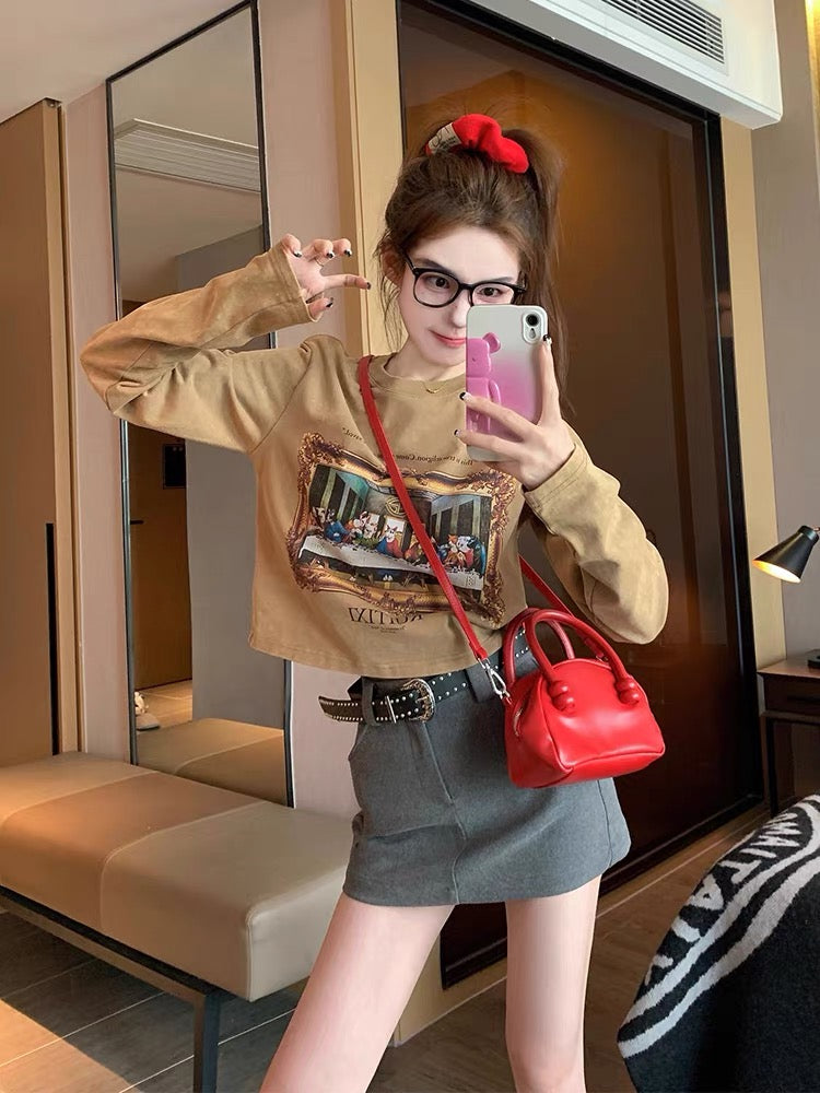 Maillard wears right shoulder long-sleeved T-shirt for women 2023 new early autumn American retro short bottoming shirt top ins (B6917)