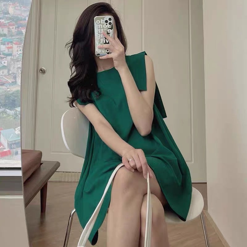 Korean chic summer minimalism niche round neck stitching design sense sleeveless A-line dress skirt female
