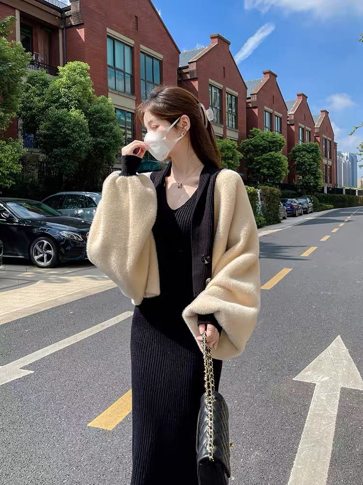 Lin Yan'er suit skirt women's autumn and winter 2023 new cardigan suspender knitted dress elegant lady two-piece set (S184)