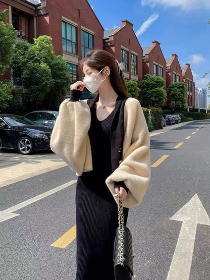 Lin Yan'er suit skirt women's autumn and winter 2023 new cardigan suspender knitted dress elegant lady two-piece set (S184)