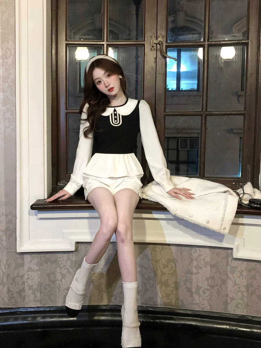 Q Girl's Lady Bird/French Doll Collar Contrast Color Skirt Shirt Women's 2024 Spring New Chic Top