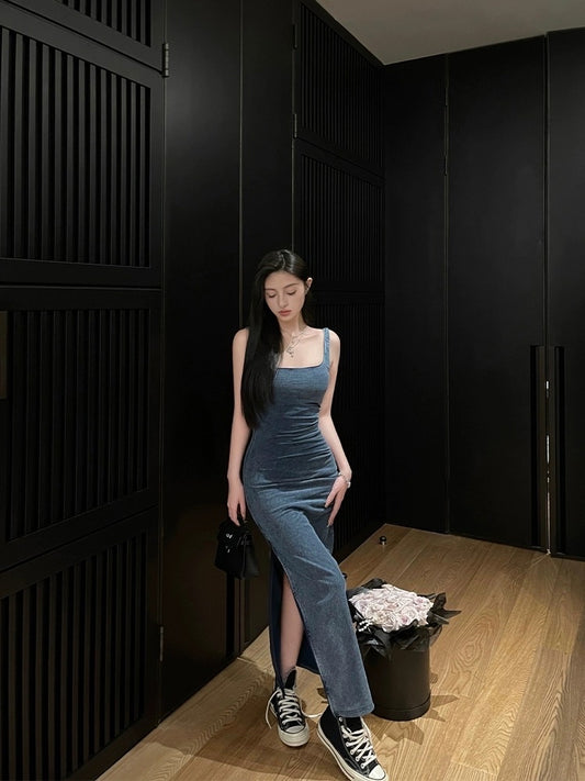 For Fay Heavy Industry Washed Elastic Denim Long Skirt Women's Summer New Casual Temperament Slim Slit Dress