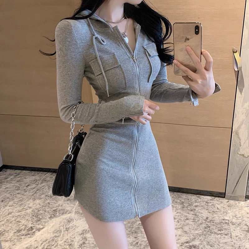 Early spring new style, versatile hooded long-sleeved small coat, short hip-covering skirt, slim and slim bottoming dress for women