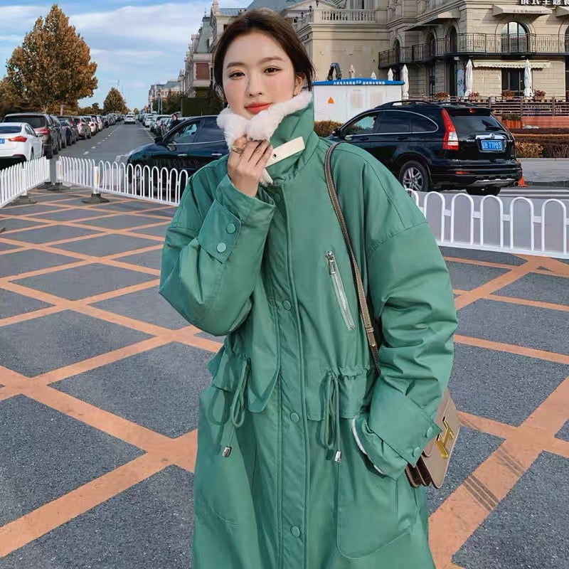 Mid-length parka women's winter 2023 new Korean version loose thickened cotton jacket plus velvet waist cotton jacket trendy
