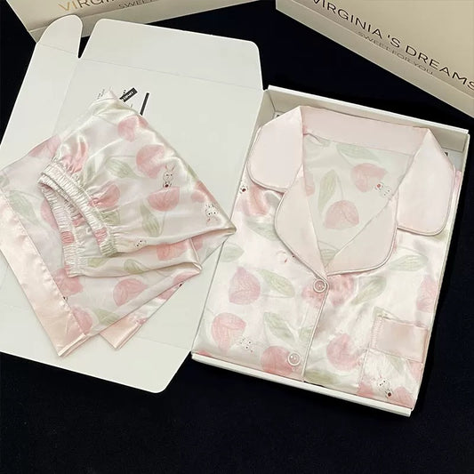 2024 new ice silk pajamas women's short-sleeved summer thin silk can be worn outside home clothes suit spring and summer