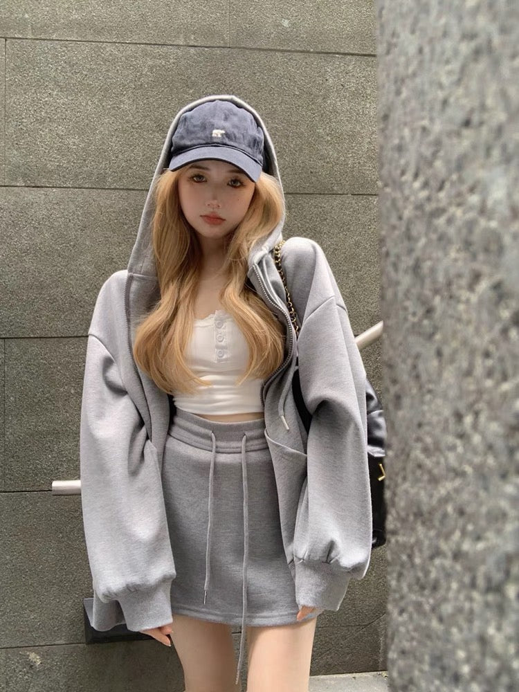 Sweatshirt suit skirt women's early autumn lazy style hooded jacket top + pure lust sexy hip-covering skirt two-piece set