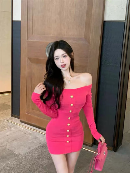 French long-sleeved knitted dress for women in autumn and winter slim-fitting bottoming arm skirt tight and sexy one-shoulder short skirt A2264