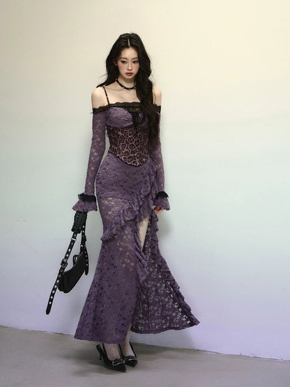 Shaoyeyan Oriental Purple Kite One-shoulder high-grade lace leopard print dress female autumn and winter sexy suspender long dress