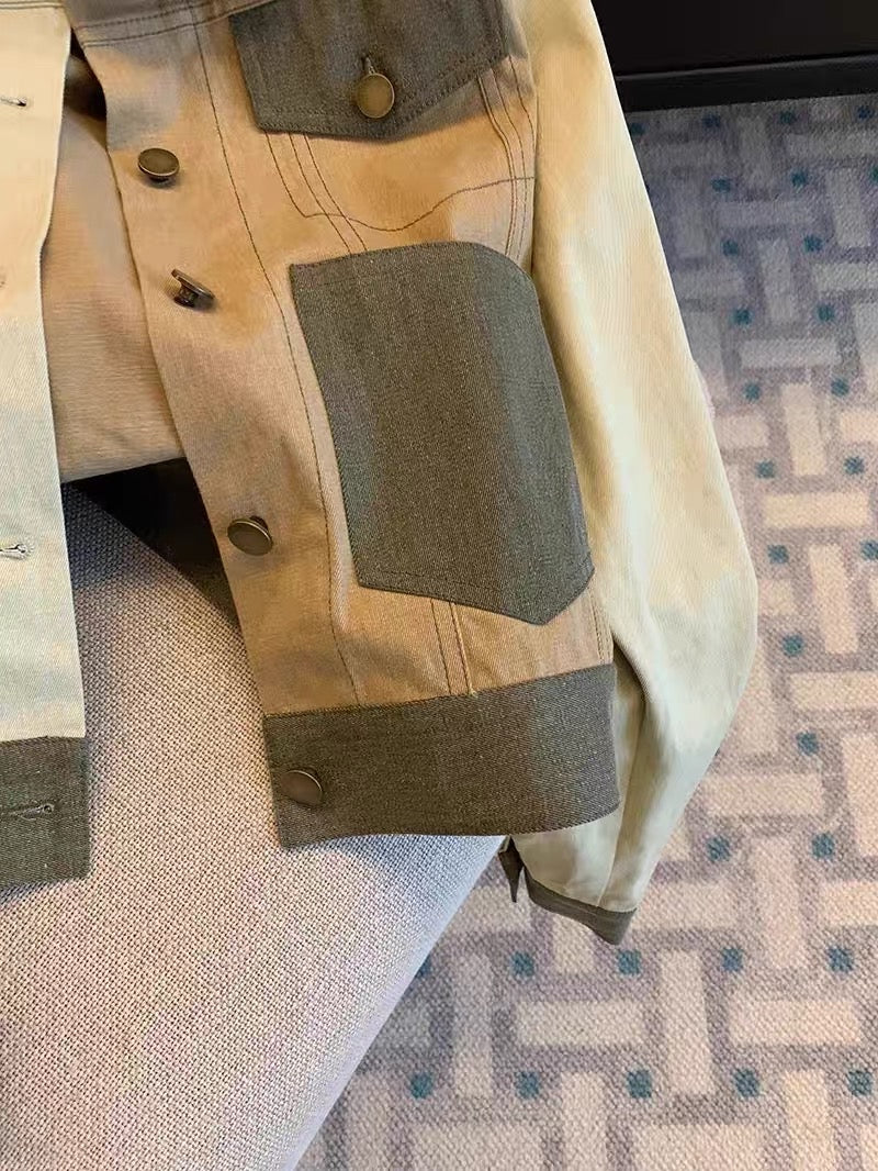Tide brand design sense splicing contrast color lapel denim jacket men and women spring and autumn niche chic single-breasted jacket jacket