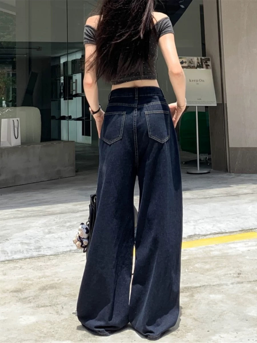 Kumikumi retro washed denim wide-leg pants for women early autumn new high waist slim straight pants mopping pants