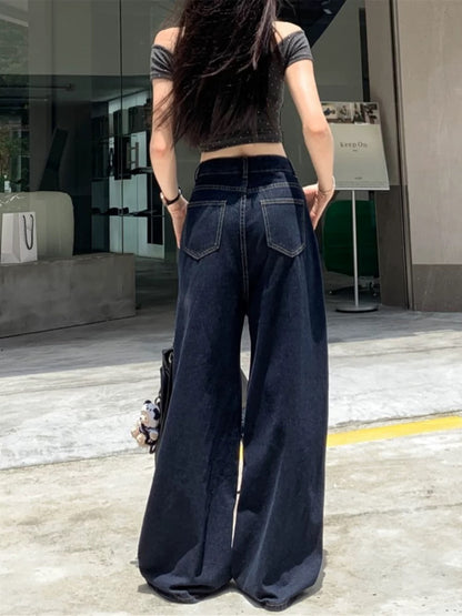 Kumikumi retro washed denim wide-leg pants for women early autumn new high waist slim straight pants mopping pants