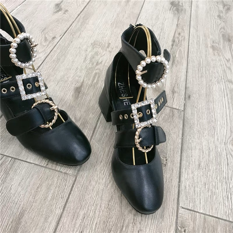European and American Spring and Autumn High Heels 2023 New Sandals Female Internet Celebrities Sexy Pearl Rhinestone Hollow Thick Heel Roman Shoes