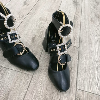 European and American Spring and Autumn High Heels 2023 New Sandals Female Internet Celebrities Sexy Pearl Rhinestone Hollow Thick Heel Roman Shoes