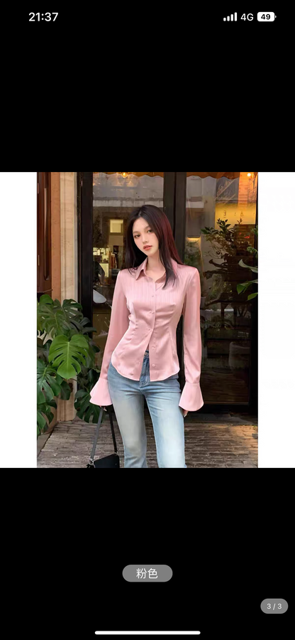 EUSKY IIWAN Pure lust satin silky slim fit waist shirt light blue long-sleeved shirt for women (T279)