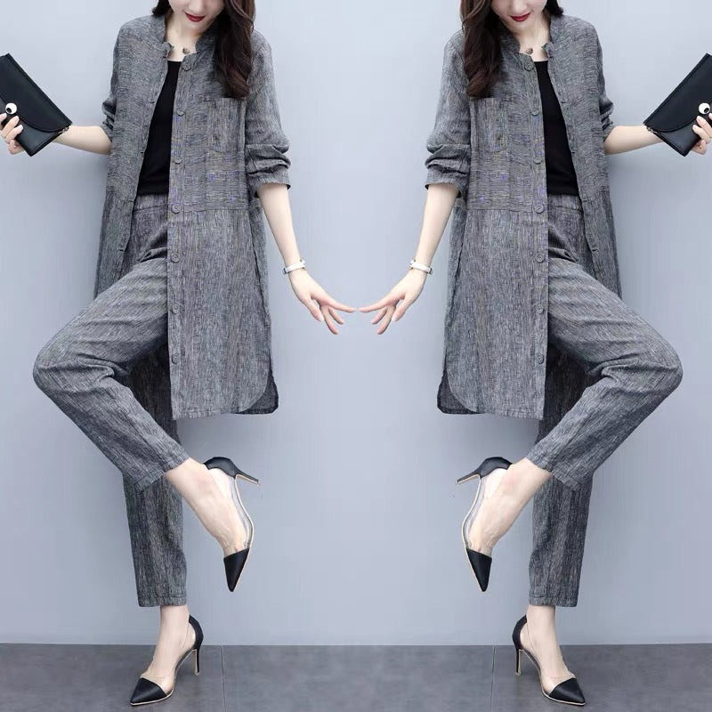 2023 new autumn plus size women's cardigan tops and pants two-piece casual fashion wide-leg pants suit for women to look slim