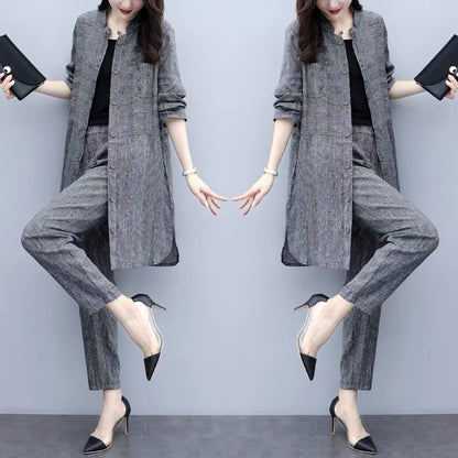 2023 new autumn plus size women's cardigan tops and pants two-piece casual fashion wide-leg pants suit for women to look slim