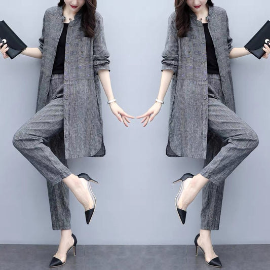 2023 new autumn plus size women's cardigan tops and pants two-piece casual fashion wide-leg pants suit for women to look slim