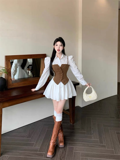 Waist slimming shirt dress autumn long-sleeved suspender splicing fake two-piece skirt women's stunning small skirt advanced A2252