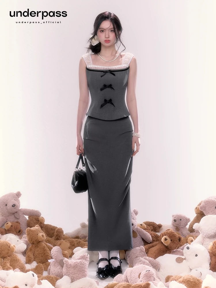 Underpass original design French grey mesh bow suspender top slit long skirt two piece suit