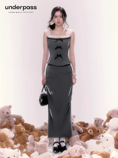 Underpass original design French grey mesh bow suspender top slit long skirt two piece suit