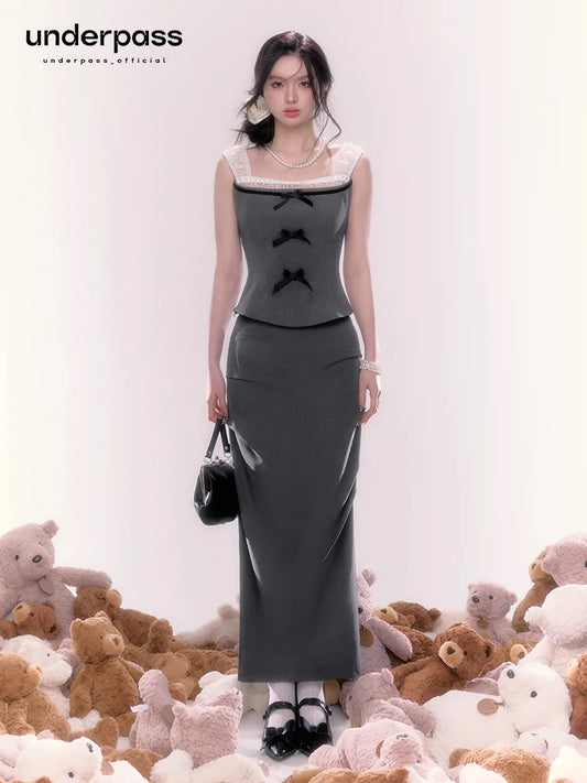 Underpass original design French grey mesh bow suspender top slit long skirt two piece suit