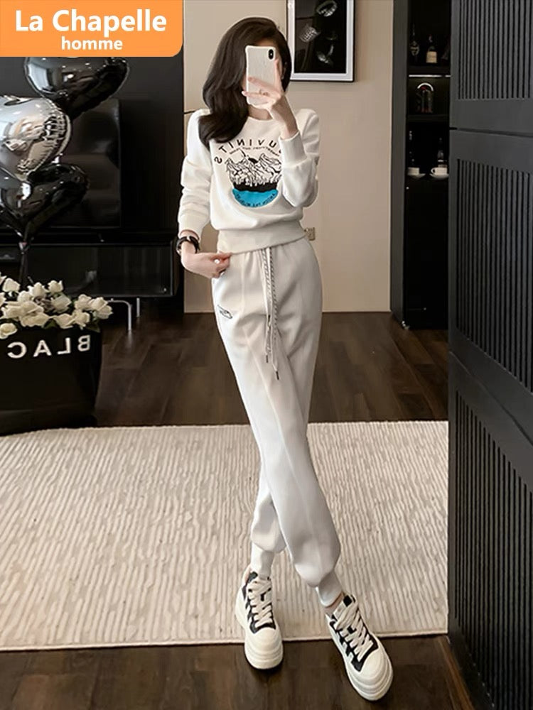 La Chapelle printed long-sleeved casual sports sweatshirt suit for women autumn 2023 new loose and fashionable two-piece set