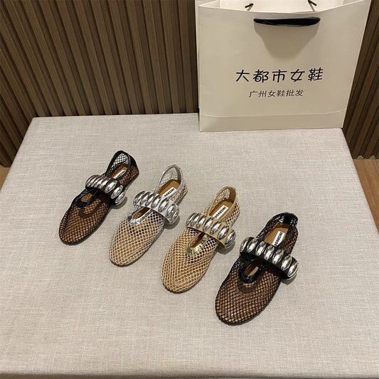 French evening style flat-bottomed niche fairy shoes for outdoor wear 2025 new summer mesh hollow Mary Jane sandals