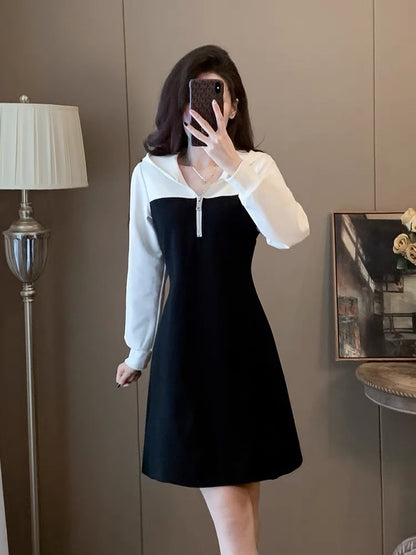 Fashionable, casual and western style contrasting color splicing dress 2023 autumn and winter women's waist slimming skirt high-end D6690