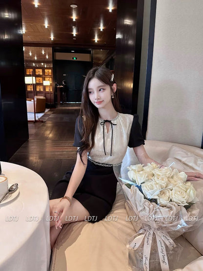 LDTJ Haute Couture 23 Autumn and Winter New Miu Celebrity Embroidered Sequins Light Luxurious Rhinestone Puff Sleeve Splicing Dress for Women