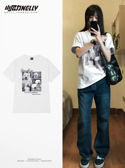 Fashion brand dog photo print short-sleeved T-shirt for men and women summer versatile cotton loose youth clothes round neck half sleeves