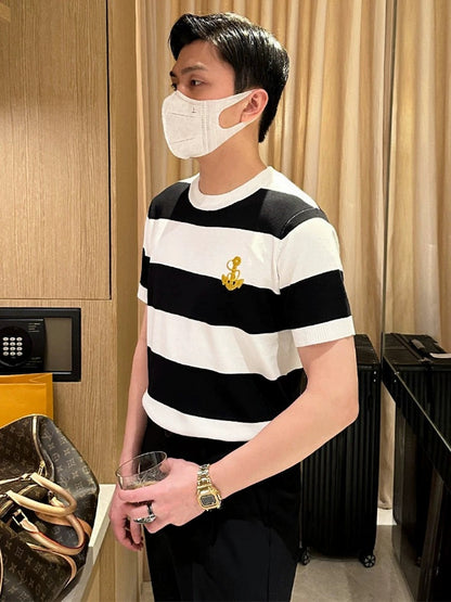 Fashion custom anchor embroidered short sleeves 2024 new summer new black and white striped sailor shirt slim fit t-shirt men