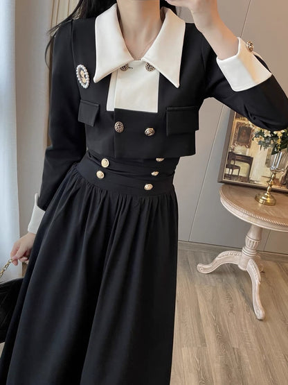 French retro small fragrance square collar dress women's 2023 autumn new Hepburn style high-level high-waisted dress