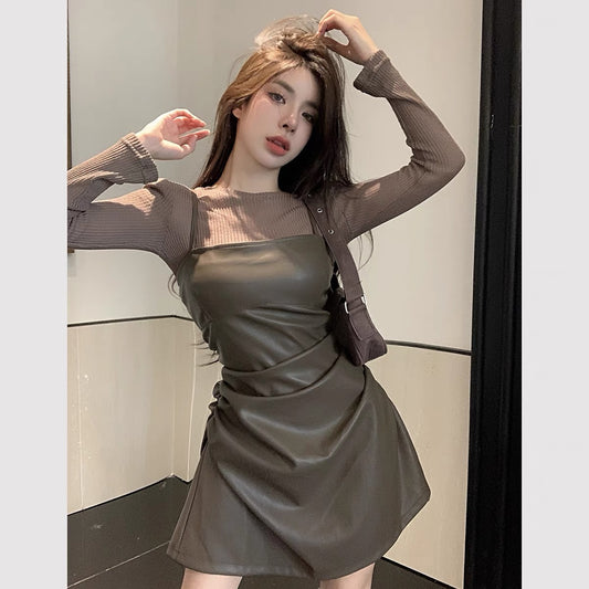 Long-sleeved top, slim tube top suspender dress, 2023 European hot-selling suit, early autumn new two-piece set for women A2251