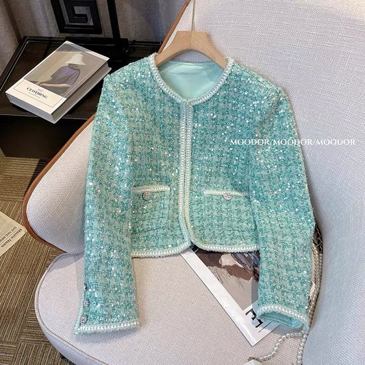 Green small fragrant wind tweed coat female autumn small temperament celebrity goddess fan sequin short top autumn