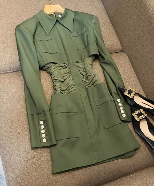 New European and American 2023 star style slim-fit thick shoulder shirt collar temperament evening dress hip-covering dress (B7912)