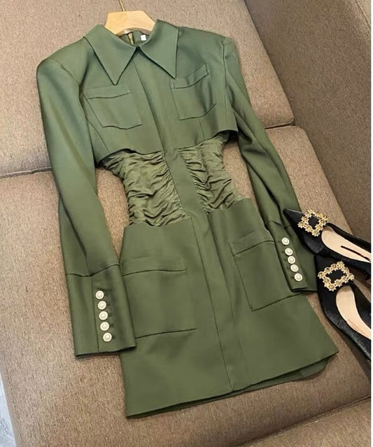 New European and American 2023 star style slim-fit thick shoulder shirt collar temperament evening dress hip-covering dress (B7912)