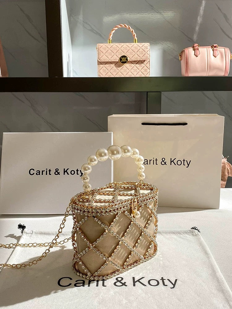 Carit Koty French niche bucket bag women's summer 2023 new pearl rhinestone chain bag portable box