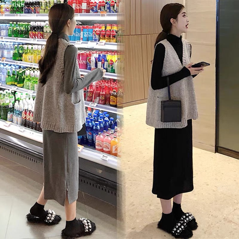 Internet celebrity pregnant women autumn clothing set 2023 new autumn clothing pregnancy belly cover dress large size long skirt sweater two-piece winter set