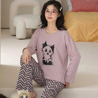 Pajamas for women Spring and Autumn 2024 new long-sleeved cotton large size summer cute autumn and winter home clothes suit