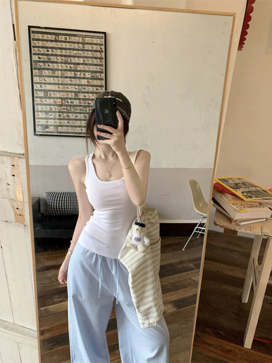 Pure desire style pink suspenders women's summer niche outerwear sports I-shaped vest slim white beautiful back short top